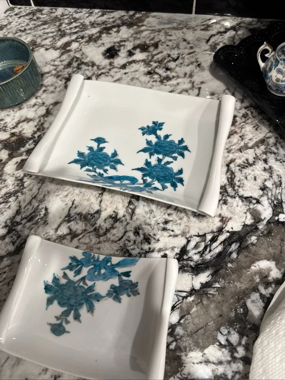 White Ceramic Serving Tray with Blue Floral Design - Elegant Home Dining